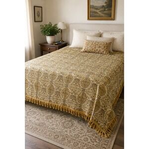 Vintage Spainish Jacquard Chenille Tapestry Bedspread Fringe Revival Gold Ornate